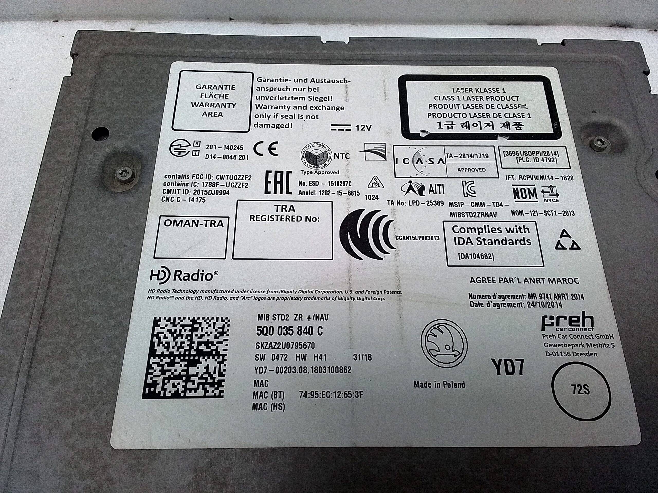 Radio mp3usb/sd bluethooth skoda octavia berlina (5e3)(12.2016->)